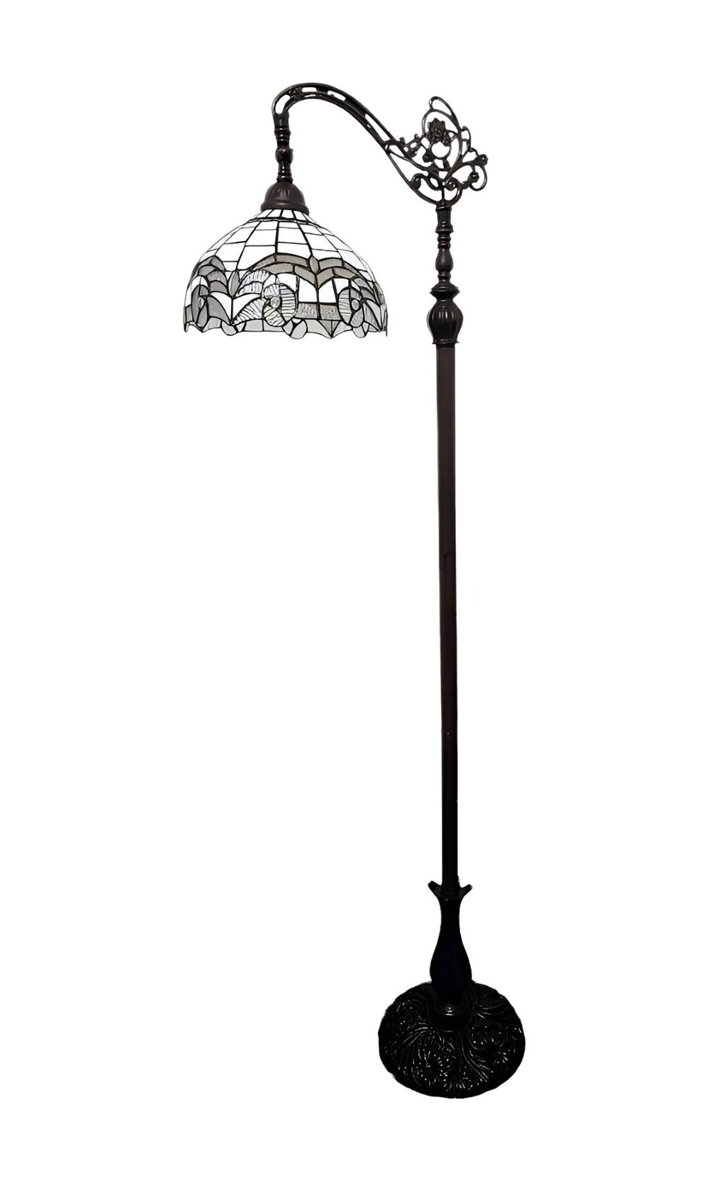 HomeRoots 62" Brown Metal Arched Floor Lamp - Handcrafted Tiffany-Style with Geometric Stained Glass Shade 478088