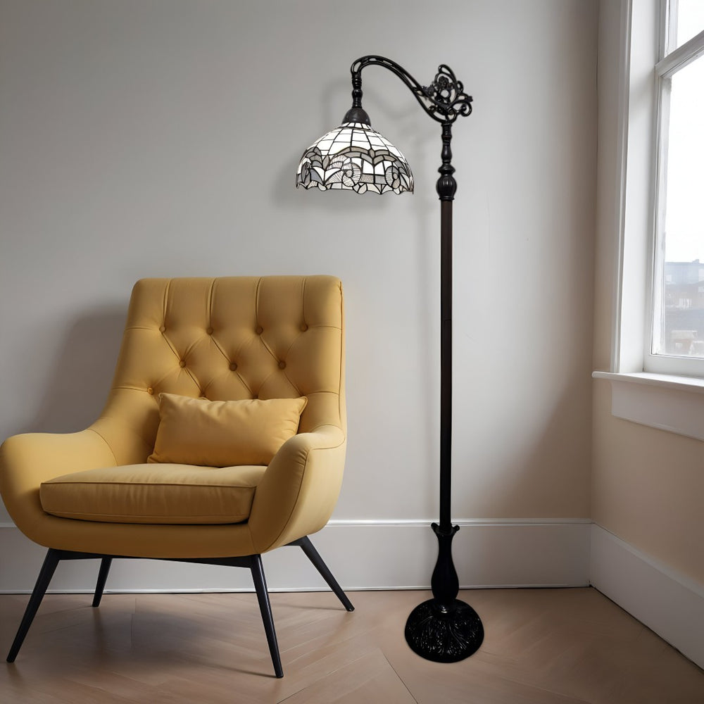 HomeRoots 62" Brown Metal Arched Floor Lamp - Handcrafted Tiffany-Style with Geometric Stained Glass Shade 478088