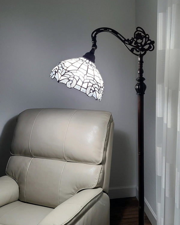 HomeRoots 62" Brown Metal Arched Floor Lamp - Handcrafted Tiffany-Style with Geometric Stained Glass Shade 478088