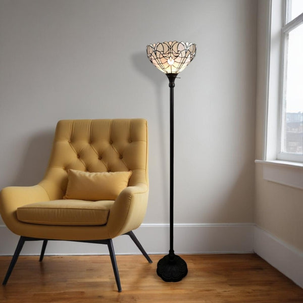 HomeRoots 62" Elegant Brown Torchiere Floor Lamp with Classic Tiffany-Style Dome Shade for Warm Ambient Light 478089