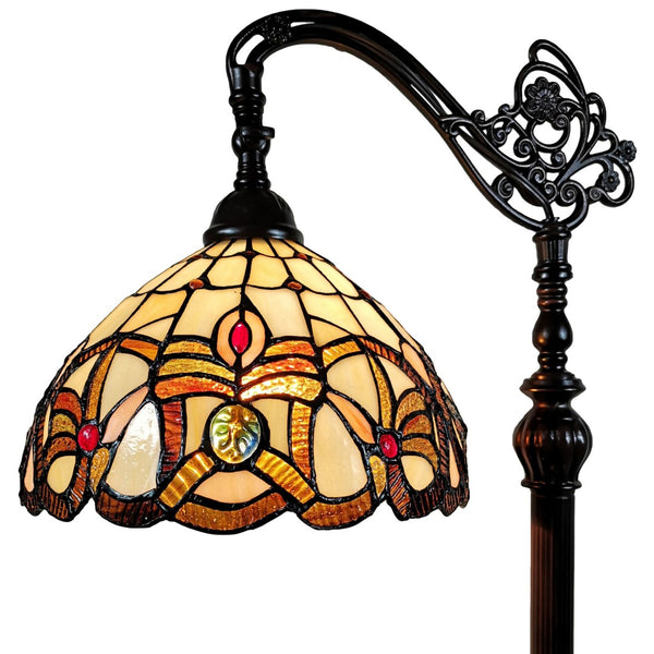HomeRoots 62" Brown Metal Arched Floor Lamp - Handcrafted Tiffany-Style Stained Glass with Floral Design 478090