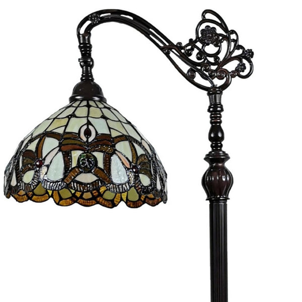 HomeRoots 62" Brown Metal Arched Floor Lamp - Handcrafted Tiffany-Style Stained Glass with Floral Design 478090