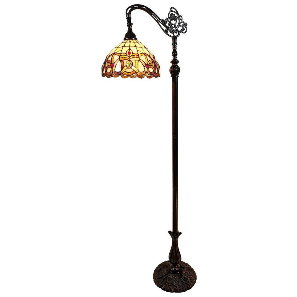 HomeRoots 62" Brown Metal Arched Floor Lamp - Handcrafted Tiffany-Style Stained Glass with Floral Design 478090