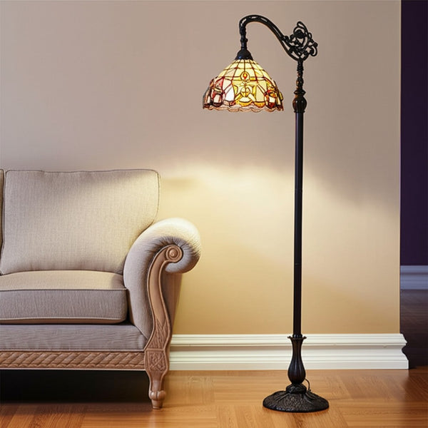 HomeRoots 62" Brown Metal Arched Floor Lamp - Handcrafted Tiffany-Style Stained Glass with Floral Design 478090