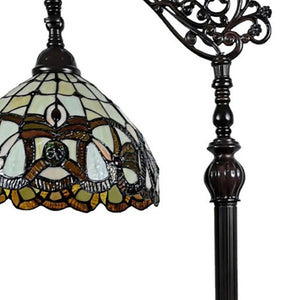 HomeRoots 62" Brown Metal Arched Floor Lamp - Handcrafted Tiffany-Style Stained Glass with Floral Design 478090