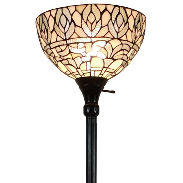 HomeRoots 62" Elegant Brown Torchiere Floor Lamp with White Peacock Feather Glass Dome for Ambient Glow 478091