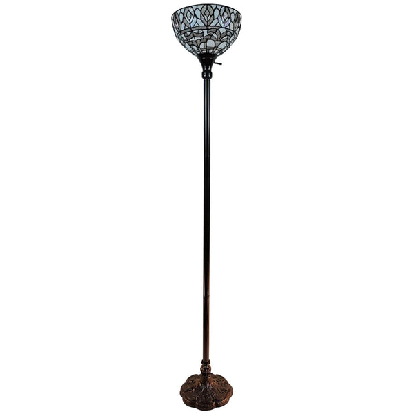 HomeRoots 62" Elegant Brown Torchiere Floor Lamp with White Peacock Feather Glass Dome for Ambient Glow 478091