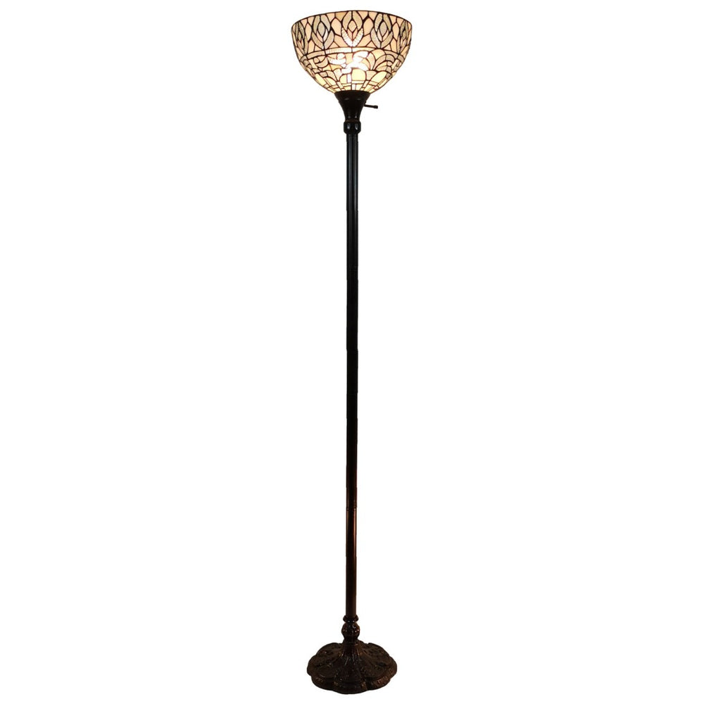 HomeRoots 62" Elegant Brown Torchiere Floor Lamp with White Peacock Feather Glass Dome for Ambient Glow 478091