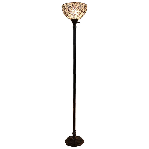 HomeRoots 62" Elegant Brown Torchiere Floor Lamp with White Peacock Feather Glass Dome for Ambient Glow 478091