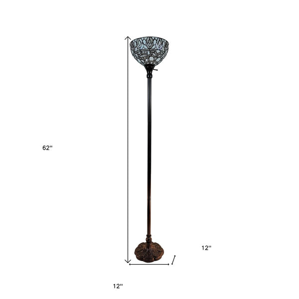 HomeRoots 62" Elegant Brown Torchiere Floor Lamp with White Peacock Feather Glass Dome for Ambient Glow 478091