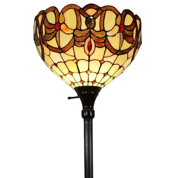 HomeRoots 62" Elegant Torchiere Floor Lamp with Handcrafted Stained Glass Dome and Floral Design Accents 478093