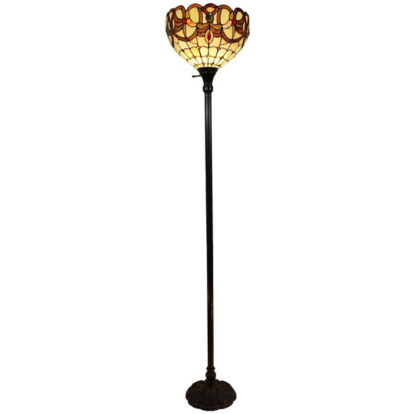 HomeRoots 62" Elegant Torchiere Floor Lamp with Handcrafted Stained Glass Dome and Floral Design Accents 478093