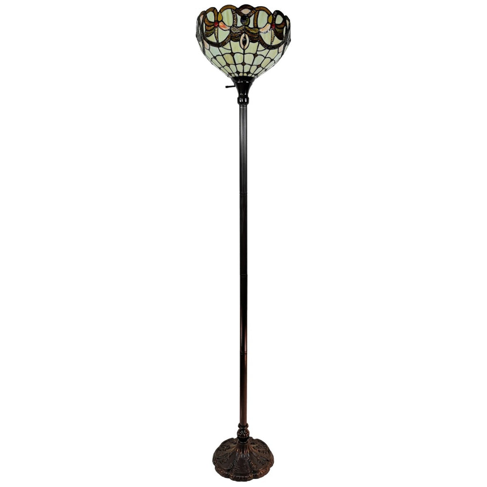 HomeRoots 62" Elegant Torchiere Floor Lamp with Handcrafted Stained Glass Dome and Floral Design Accents 478093