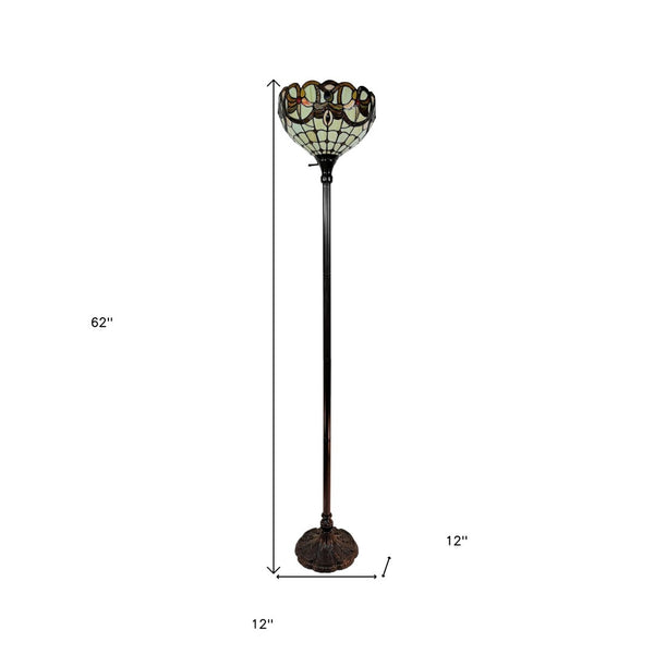 HomeRoots 62" Elegant Torchiere Floor Lamp with Handcrafted Stained Glass Dome and Floral Design Accents 478093
