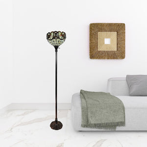 HomeRoots 62" Elegant Torchiere Floor Lamp with Handcrafted Stained Glass Dome and Floral Design Accents 478093