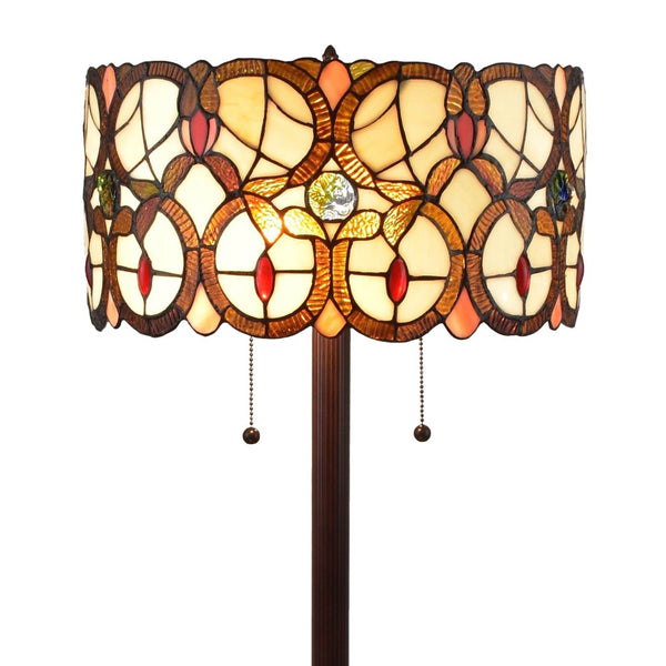 HomeRoots 63" Beige Metal Torchiere Floor Lamp with Floral Stained Glass Shade for Elegant Ambient Lighting 478096