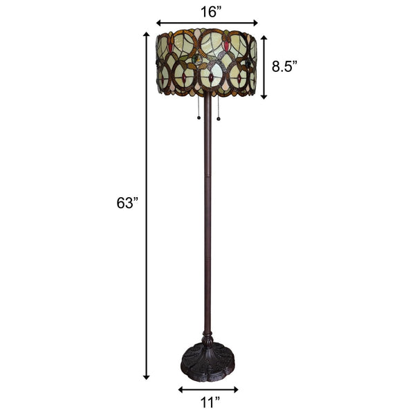 HomeRoots 63" Beige Metal Torchiere Floor Lamp with Floral Stained Glass Shade for Elegant Ambient Lighting 478096