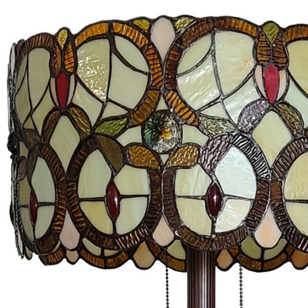 HomeRoots 63" Beige Metal Torchiere Floor Lamp with Floral Stained Glass Shade for Elegant Ambient Lighting 478096