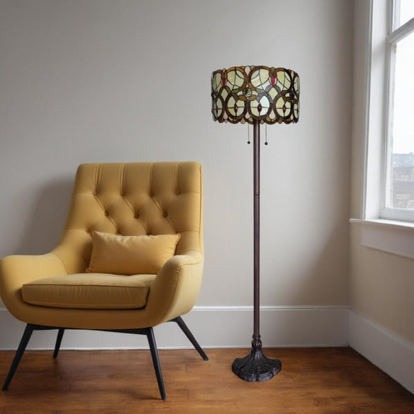 HomeRoots 63" Beige Metal Torchiere Floor Lamp with Floral Stained Glass Shade for Elegant Ambient Lighting 478096