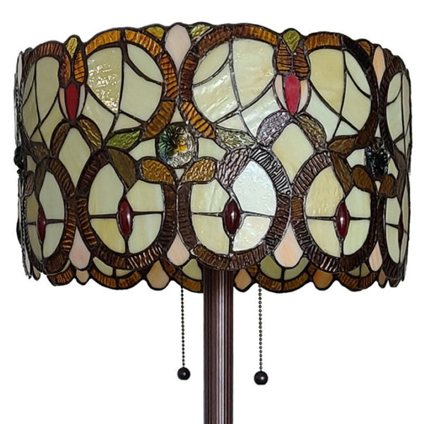 HomeRoots 63" Beige Metal Torchiere Floor Lamp with Floral Stained Glass Shade for Elegant Ambient Lighting 478096