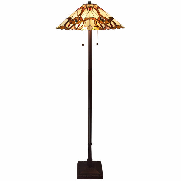 Homeroots 62" Brown Two Lights Traditional Shaped Floor Lamp With Brown And White Stained Glass Cone Shade  Metal 478097