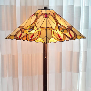Homeroots 62" Brown Two Lights Traditional Shaped Floor Lamp With Brown And White Stained Glass Cone Shade  Metal 478097