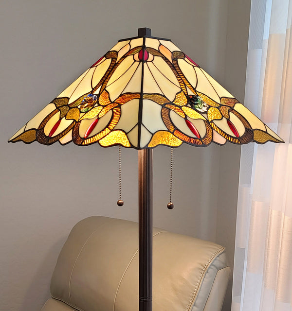 Homeroots 62" Brown Two Lights Traditional Shaped Floor Lamp With Brown And White Stained Glass Cone Shade  Metal 478097
