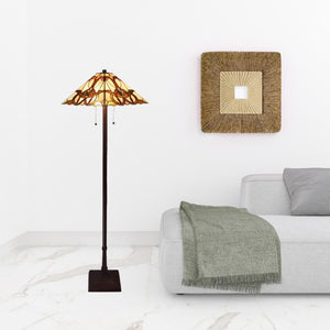 Homeroots 62" Brown Two Lights Traditional Shaped Floor Lamp With Brown And White Stained Glass Cone Shade  Metal 478097
