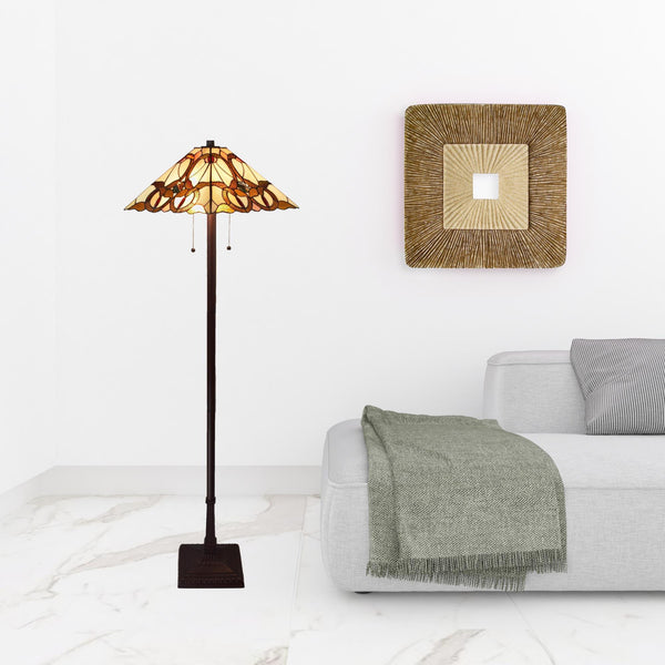 Homeroots 62" Brown Two Lights Traditional Shaped Floor Lamp With Brown And White Stained Glass Cone Shade  Metal 478097