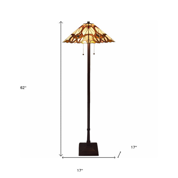 Homeroots 62" Brown Two Lights Traditional Shaped Floor Lamp With Brown And White Stained Glass Cone Shade  Metal 478097