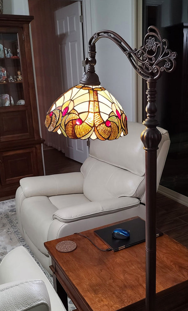 HomeRoots 62" Torchiere Floor Lamp with Elegant Brown & White Floral Glass Shade for Timeless Ambiance 478098