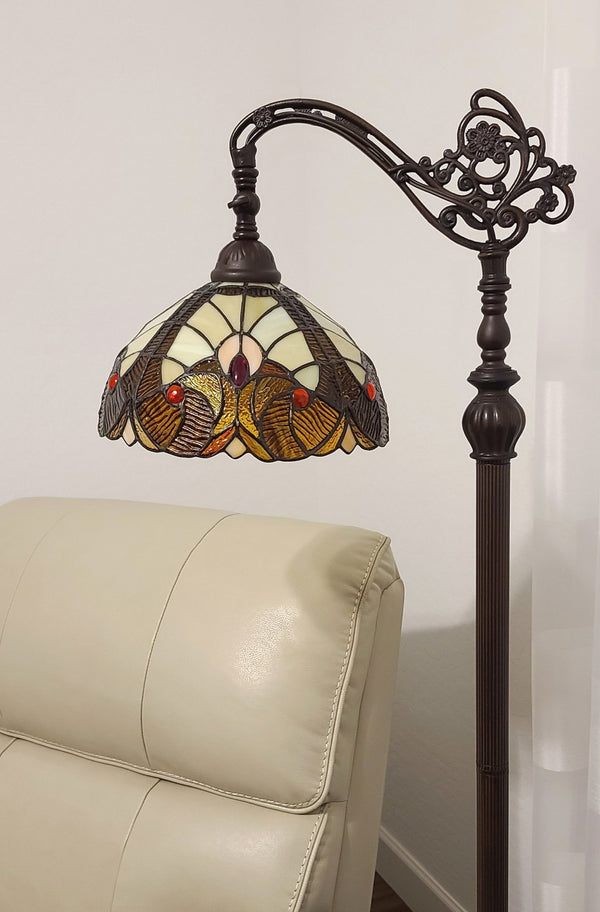 HomeRoots 62" Torchiere Floor Lamp with Elegant Brown & White Floral Glass Shade for Timeless Ambiance 478098