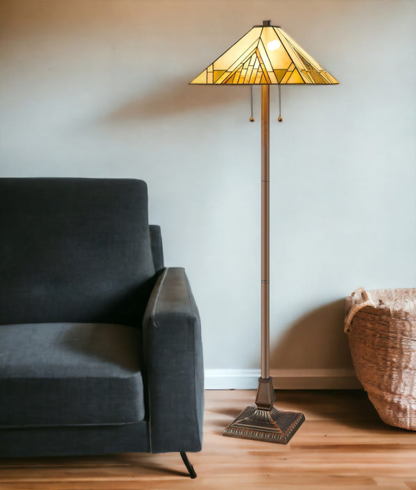 HomeRoots 62" Elegant Brown Two-Light Stained Glass Floor Lamp with Adjustable Brightness for Cozy Ambiance 478099