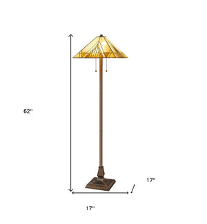 HomeRoots 62" Elegant Brown Two-Light Stained Glass Floor Lamp with Adjustable Brightness for Cozy Ambiance 478099