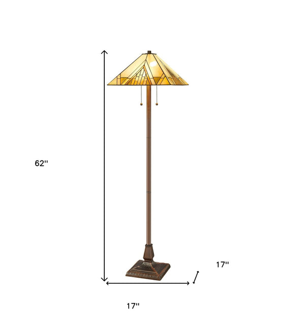 HomeRoots 62" Elegant Brown Two-Light Stained Glass Floor Lamp with Adjustable Brightness for Cozy Ambiance 478099