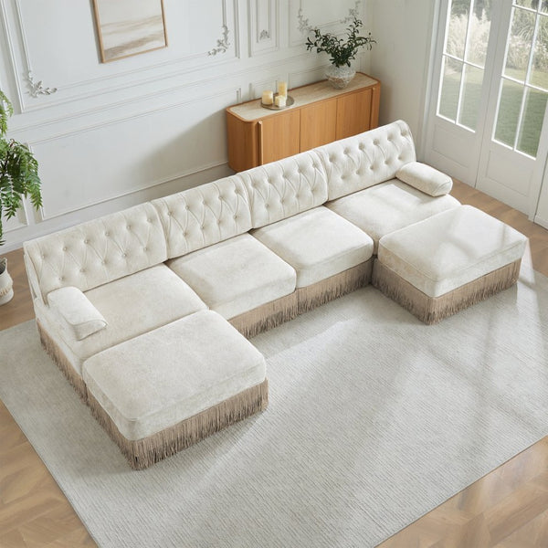 English Elm 4-seater Cloud Sectional with Ottomans Button Tufted Fleece Tassel Skirt Sofa W714S01690