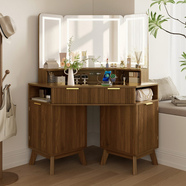 English Elm 47.2" Corner Lighted Makeup Vanity with Fluted Panel Tri-fold Mirror and Charging Station Walnut N704P392485P