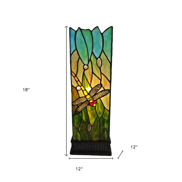 HomeRoots 18" Modern Table Lamp with Dark Brown Base and Green-Black Glass Shade for Stylish Home Décor 478101