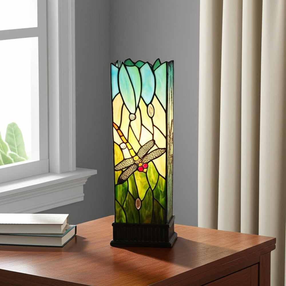 HomeRoots 18" Modern Table Lamp with Dark Brown Base and Green-Black Glass Shade for Stylish Home Décor 478101