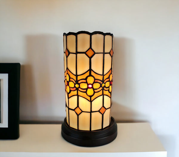 Homeroots 11" Brown And Beige Mosaic Tile Stained Glass Accent Lamp   478102