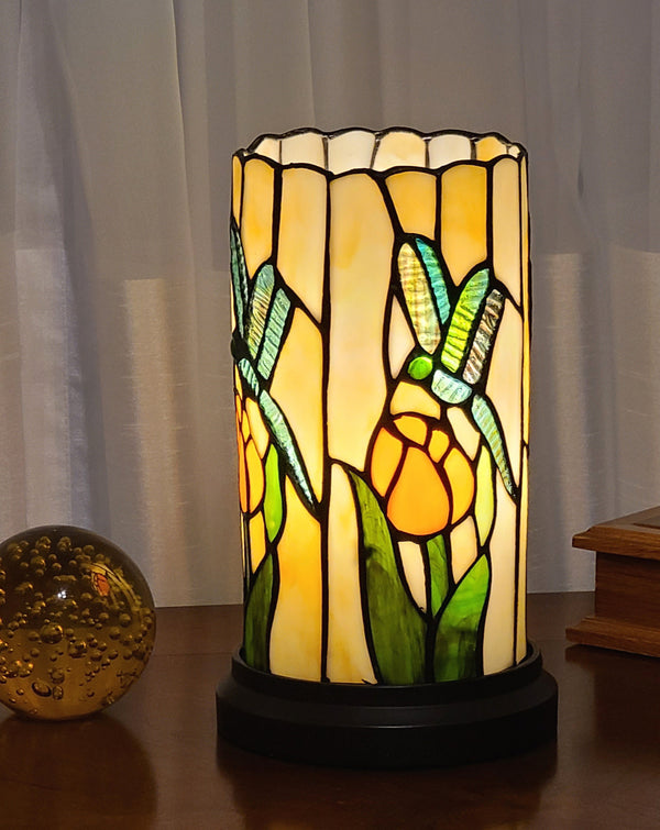 Homeroots 11" Beige And Green Dragonfly Stained Glass Accent Lamp   478103