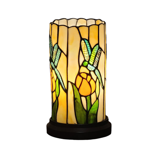 Homeroots 11" Beige And Green Dragonfly Stained Glass Accent Lamp   478103