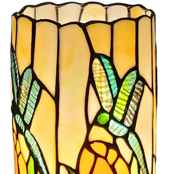 Homeroots 11" Beige And Green Dragonfly Stained Glass Accent Lamp   478103