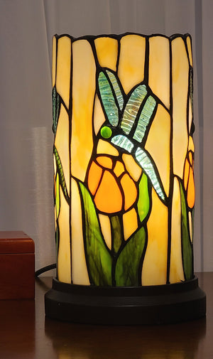 Homeroots 11" Beige And Green Dragonfly Stained Glass Accent Lamp   478103