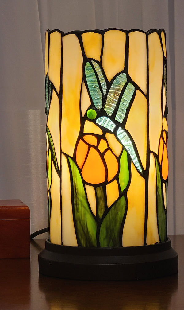 Homeroots 11" Beige And Green Dragonfly Stained Glass Accent Lamp   478103