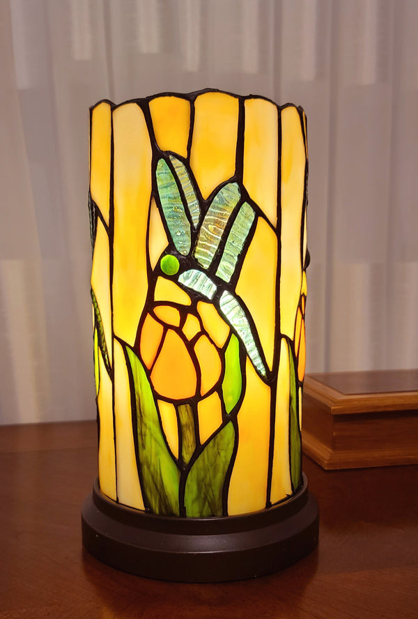 Homeroots 11" Beige And Green Dragonfly Stained Glass Accent Lamp   478103