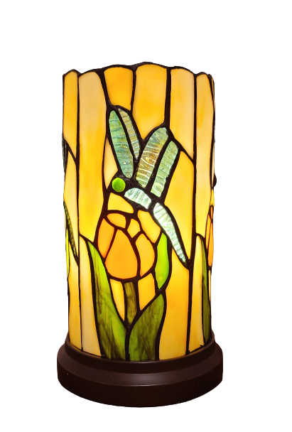 Homeroots 11" Beige And Green Dragonfly Stained Glass Accent Lamp   478103
