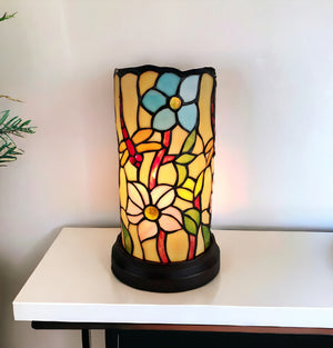 Homeroots 10" Red And Beige Dragonfly Stained Glass Accent Lamp   478104