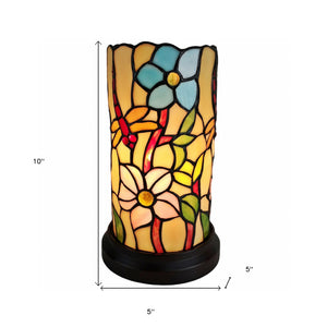 Homeroots 10" Red And Beige Dragonfly Stained Glass Accent Lamp   478104
