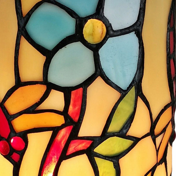 Homeroots 10" Red And Beige Dragonfly Stained Glass Accent Lamp   478104